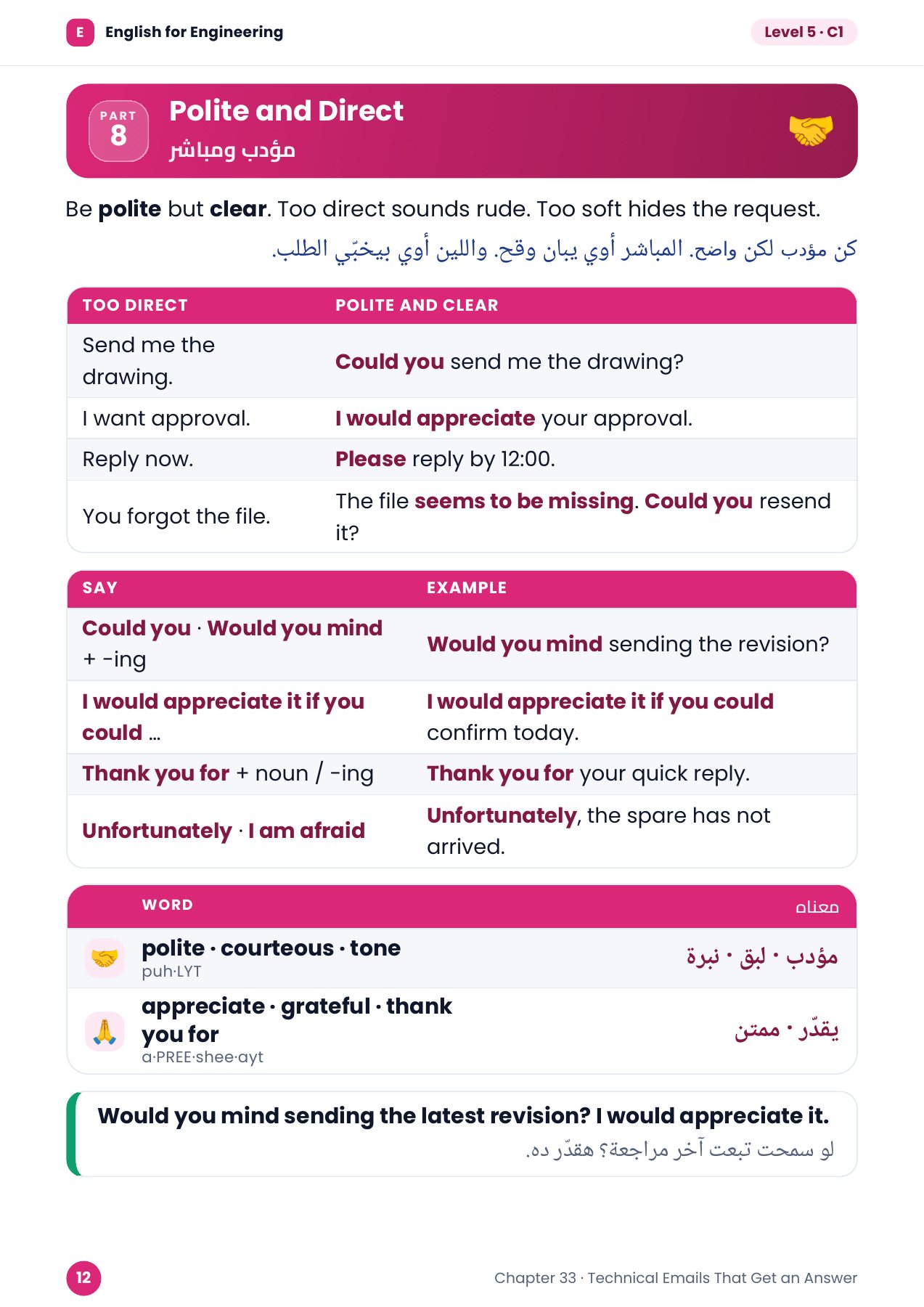 إيميل واضح ومهذب — المستوى 5، شابتر 33، صفحة 12